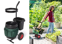 Left pic of Easy-Roll Garden Tool Storage Caddy against white background. Rt pic of woman rolling the same caddy with tools in it in a garden.